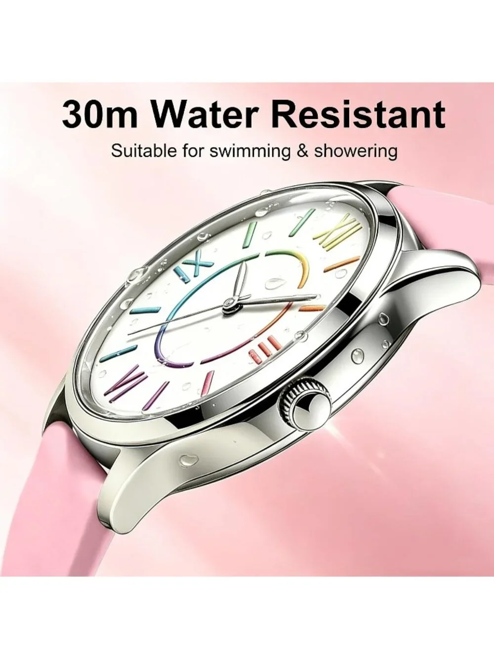 Women's Pink Colorful Roman Numerals Fashion Analog Waterproof Wrist Watch